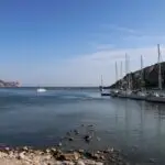 Calm coastal harbor with several sailboats docked at a rocky pier under a clear blue sky.